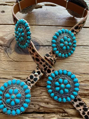 Round Turquoise Conchos on Cheetah Print Strap Belt