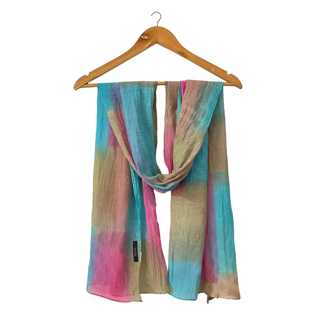 Shades of Pink, Blue & Khaki Ombre Square Patches Silk-Cotton Blend Crinkle Effect Scarf