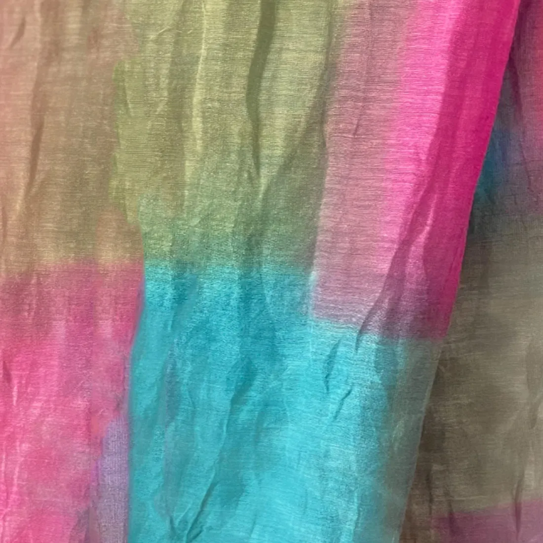 Shades of Pink, Blue & Khaki Ombre Square Patches Silk-Cotton Blend Crinkle Effect Scarf