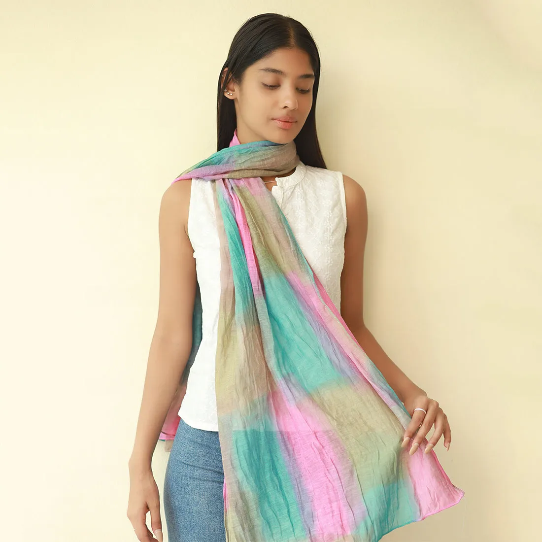 Shades of Pink, Blue & Khaki Ombre Square Patches Silk-Cotton Blend Crinkle Effect Scarf