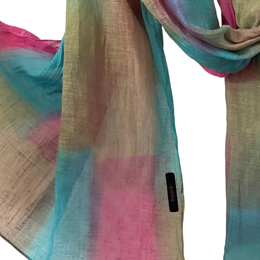 Shades of Pink, Blue & Khaki Ombre Square Patches Silk-Cotton Blend Crinkle Effect Scarf