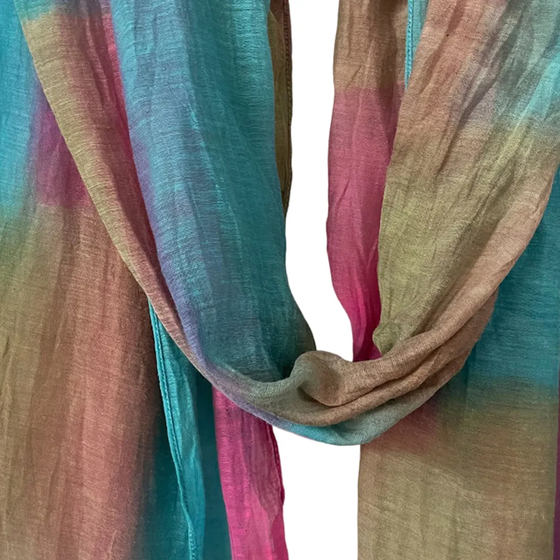 Shades of Pink, Blue & Khaki Ombre Square Patches Silk-Cotton Blend Crinkle Effect Scarf