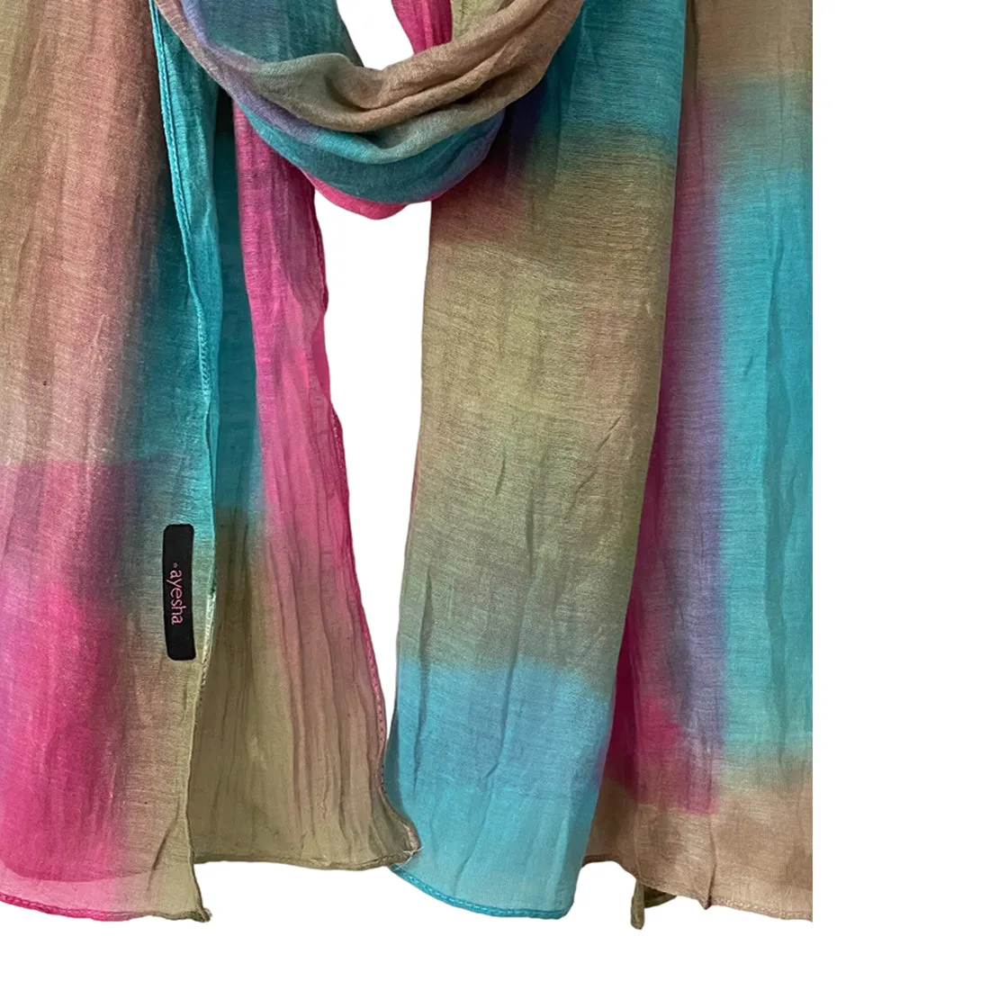 Shades of Pink, Blue & Khaki Ombre Square Patches Silk-Cotton Blend Crinkle Effect Scarf