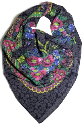 Traditional Polish Ukrainian Folk Cotton Head Scarf - Floral Black