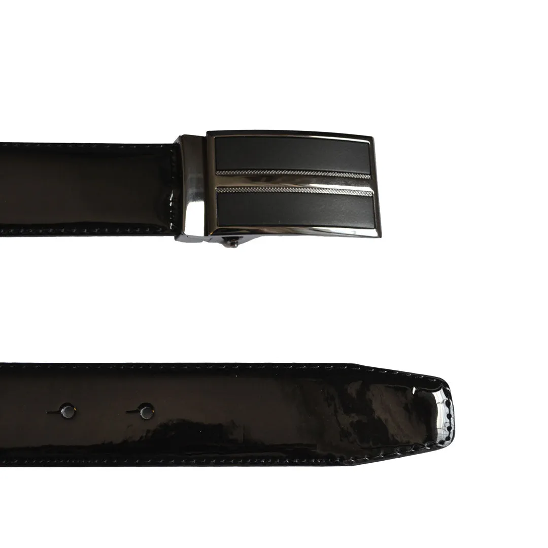 WILLIAM - Men's Black Patent Reversible Genuine Leather Belt with Shield Buckle